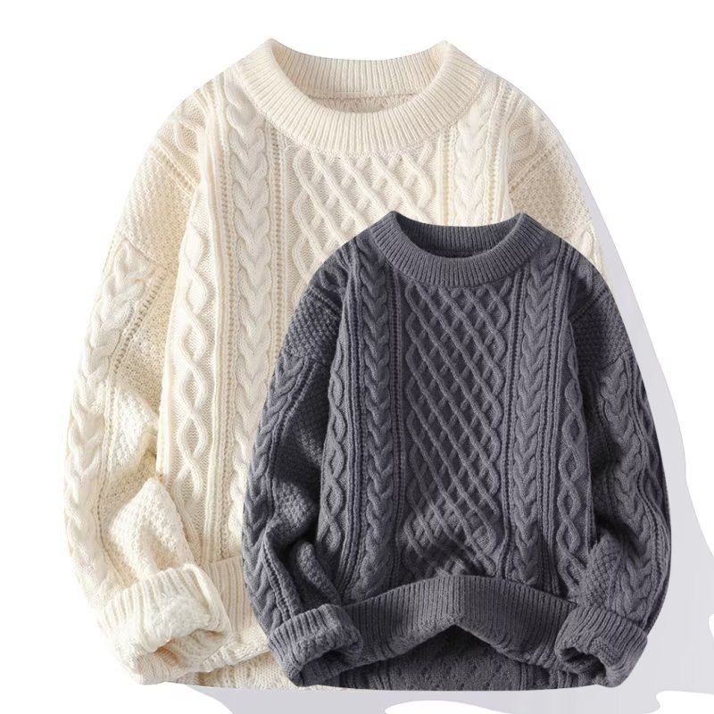 Round Neck Solid Color Thickened Sweater for Men 2025 New Autumn and Winter Couple's Outerwear Lazy Style Cable Knit Pullover Top Round Neck Solid Color Thickened Sweater for Men 2025 New Autumn and Winter Couple's Outerwear Lazy Style Cable Knit Pullover Top