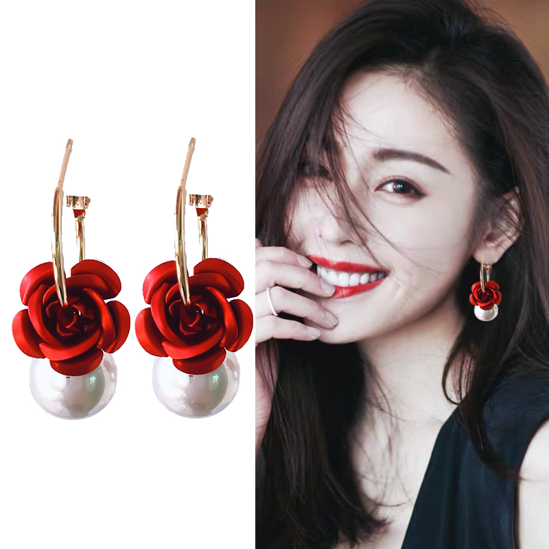 Elegant lady style rose earrings 2020 new trendy Korean temperament net red round face earrings with a thin face