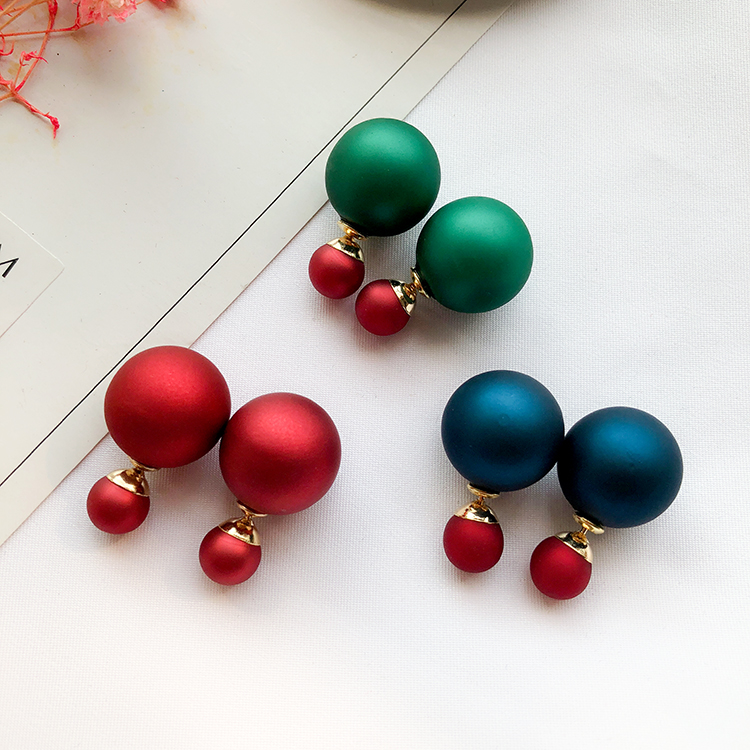 Temperament Korean simple fashion double-sided ball pearl earrings female matte 925 silver hypoallergenic metal earrings