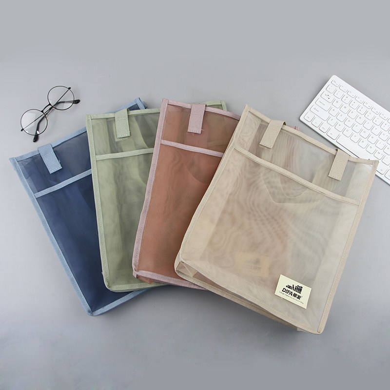 Korean hand-held tutoring bag double-layer large-capacity transparent mesh document information textbook test paper storage bag for students