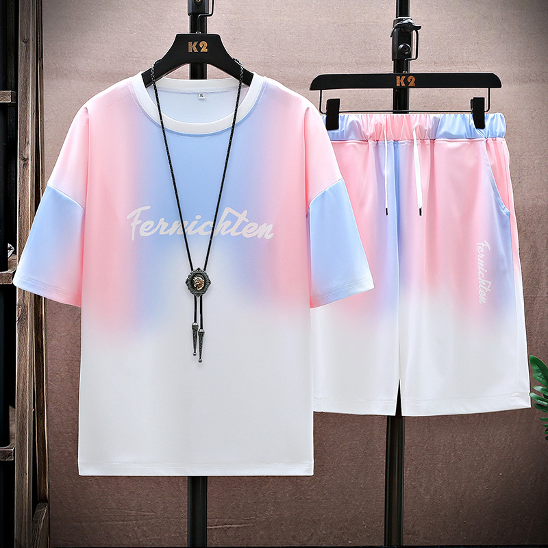 Short-Sleeved T-Shirt Suit for Men, Casual Summer Junior High School Students, Loose Gradient Youth Ice Silk Round Neck T-Shirt Summer Wear