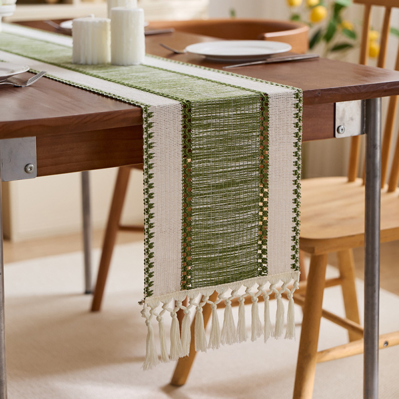 Private High-End Cotton and Linen Table Runner with Tassels, Fresh Sage Green, Holiday Party Table Decoration Tea