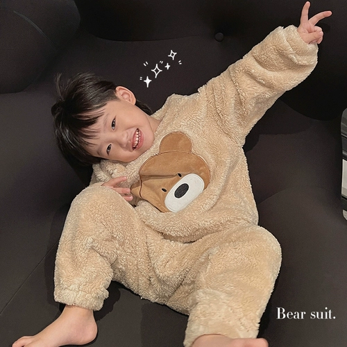 Осенний демисезонный детский флисовый пластырь для мальчиков, комплект, удерживающая тепло пижама, с медвежатами