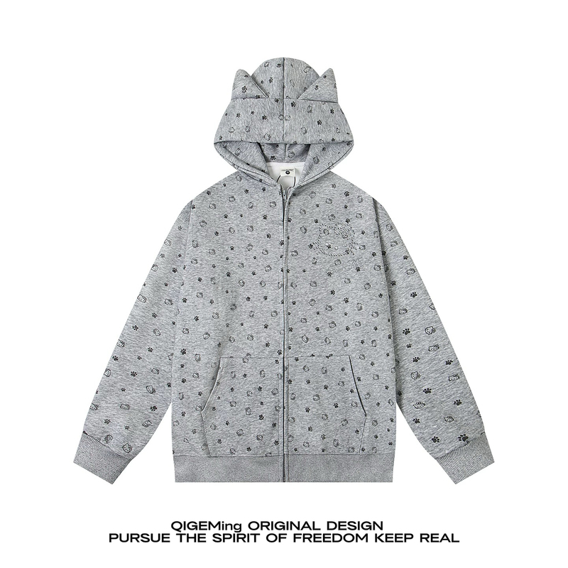 Qigeming American-Style Hello Kitty All-Over Print Hooded Sweatshirt for Men and Women, Loose-Fitting Couple Casual Lazy Style Zip-Up Jacket