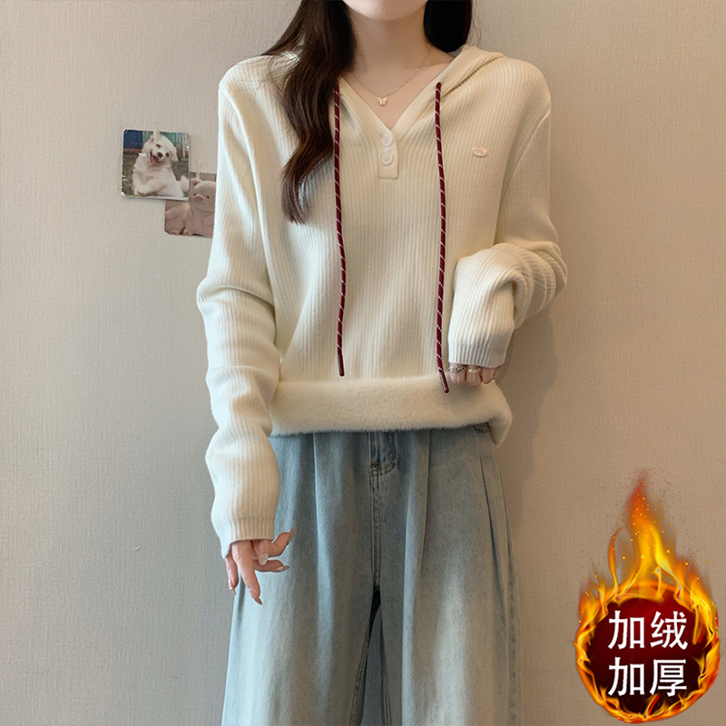 European-Style Fashionable One-Piece Fleece Sweater for Women, Thickened with Extra Fleece, Hooded Base Shirt, 2025 Autumn and Winter New Knit Top