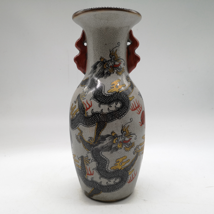 Clear Dry Lung Ice Cracks Open Sheet glazed Double Dragon Opera Pearl Picture Double Ear Bottle Ancient Play Porcelain Home Xuanguan Decorative Swing