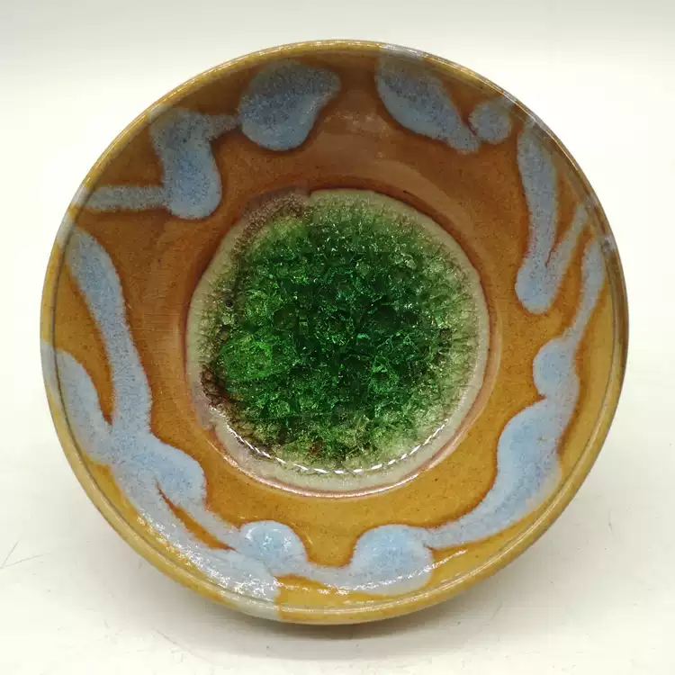 宋吉州窯黃釉開片綠瑪瑙碗仿古瓷器茶碗鬥笠茶具裝飾品古玩收藏瓷擺件