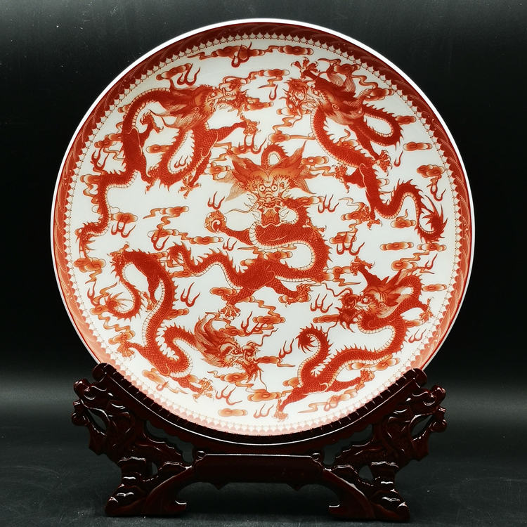 Qingqian Long Alum Red Five Dragon Dish Home Living Room Decoration Pendulum Tray Bogu Shelf Ancient Wind Old Objects Ancient Play Porcelain Pendulum-Taobao