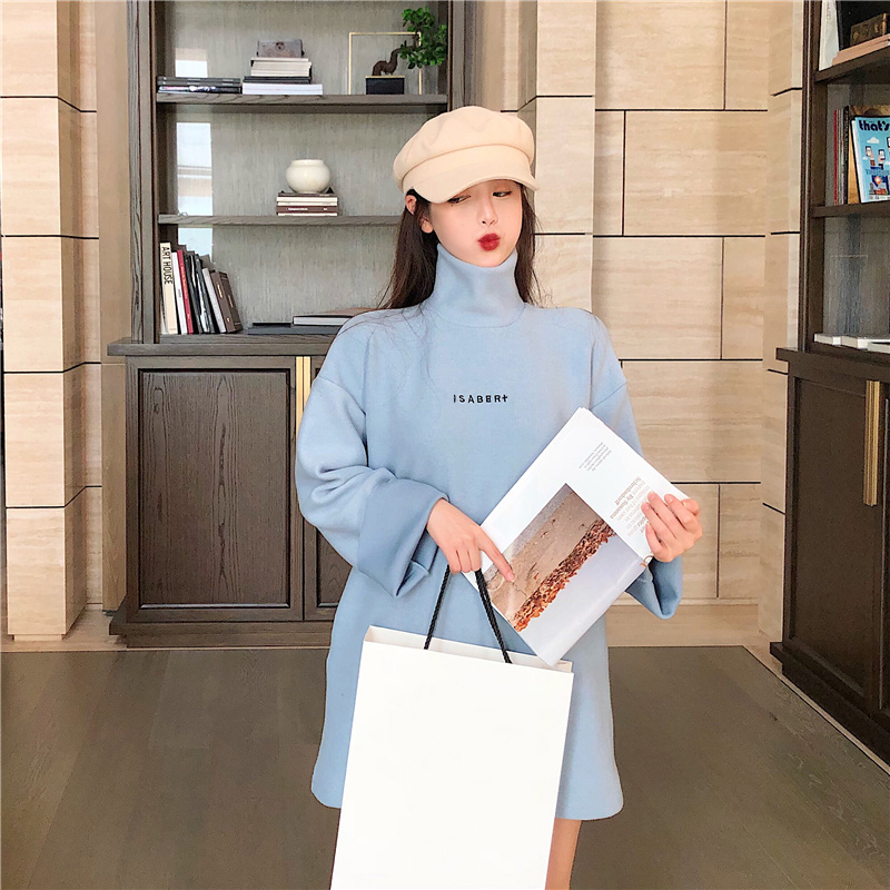 Phong cách hàn quốc mùa thu đông mới dày thời trang rộng nhỏ áo sơ mi nữ tươi mới hoang dã cổ cao áo len dài đầm đẹp giá rẻ