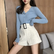Quần short len ​​nữ mùa thu đông 2018 phiên bản mới của Hàn Quốc hoang dã một từ mặc quần cạp cao sang trọng quần ống rộng ống rộng