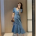 Đầm retro cổ chữ V tay ngắn thắt eo nữ tính cách hè hè Hàn Quốc thời trang giữa váy xẻ đuôi cá - Sản phẩm HOT Sản phẩm HOT