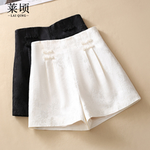 New Chinese style Chinese style buckle shorts for women in spring 2024, new high waisted fashionable jacquard A-line pants, versatile wide leg pants