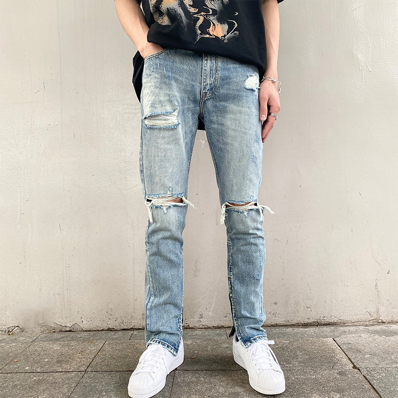 Summer European and American High Street Fashion Kanye Blue Knee-Hole Pants with Zipper Slits, Slim Fit Skinny Men's Denim Trousers Summer European and American High Street Fashion Kanye Blue Knee-Hole Pants with Zipper Slits, Slim Fit Skinny Men's Denim Trousers