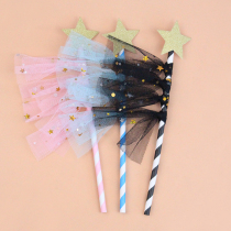 10-pack cake decoration five-pointed star Venus black powder blue mesh tassel plug-in card dessert table decoration batch hair