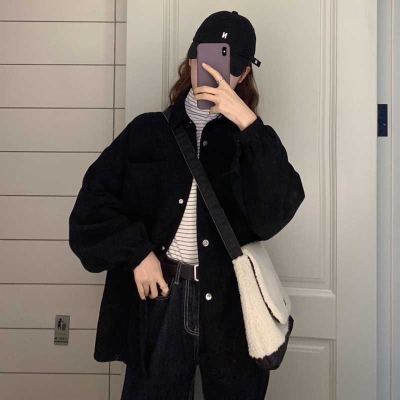 Retro Hong Kong Style Black Corduroy Shirt Jacket for Women, Autumn and Winter New Style 2023 Women's Design Niche Shirt
