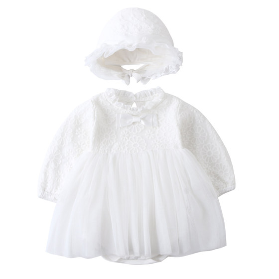 Baby princess dress, baby girl's 100-day banquet, white lace 100-day skirt, full moon photo shoot, spring and autumn clothes