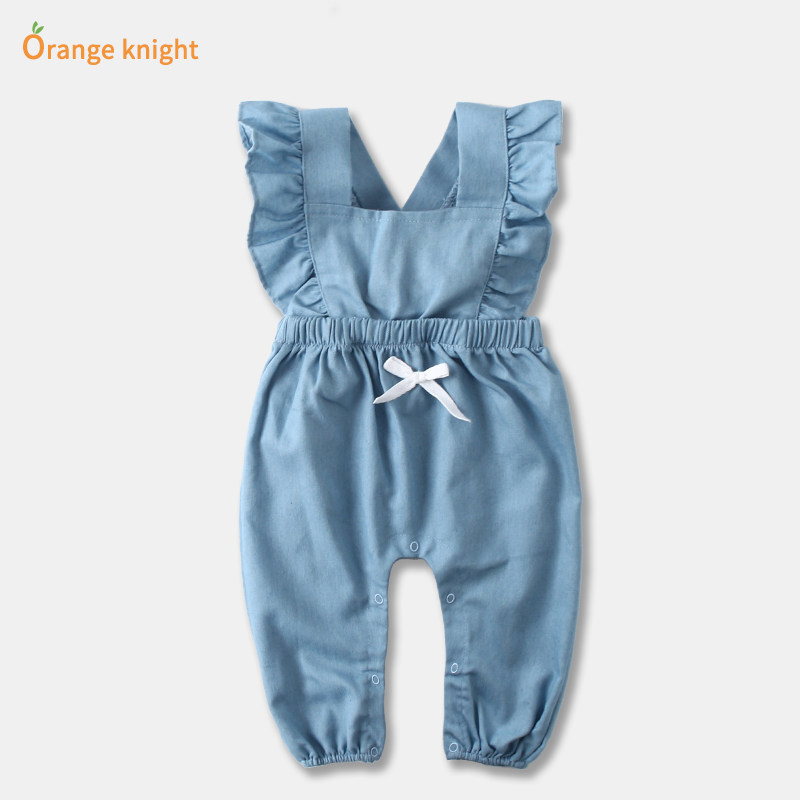 Baby denim suspenders pure cotton Korean version baby girl jumpsuit 0-1 years old newborn 3-6 months can open crotch pants