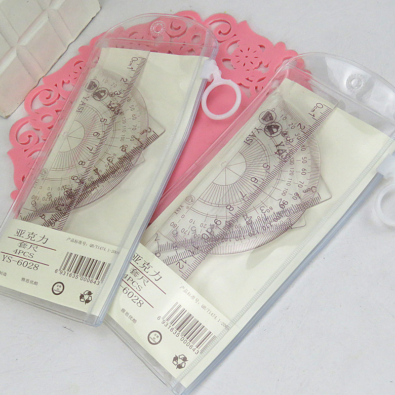 Student stationery transparent learning ruler student drawing ruler triangle ruler protractor four-piece ruler