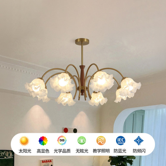 French Retro Living Room Chandelier, Vintage American Country Style Floral Glass Dining Room Simple Bedroom Lighting Fixtures