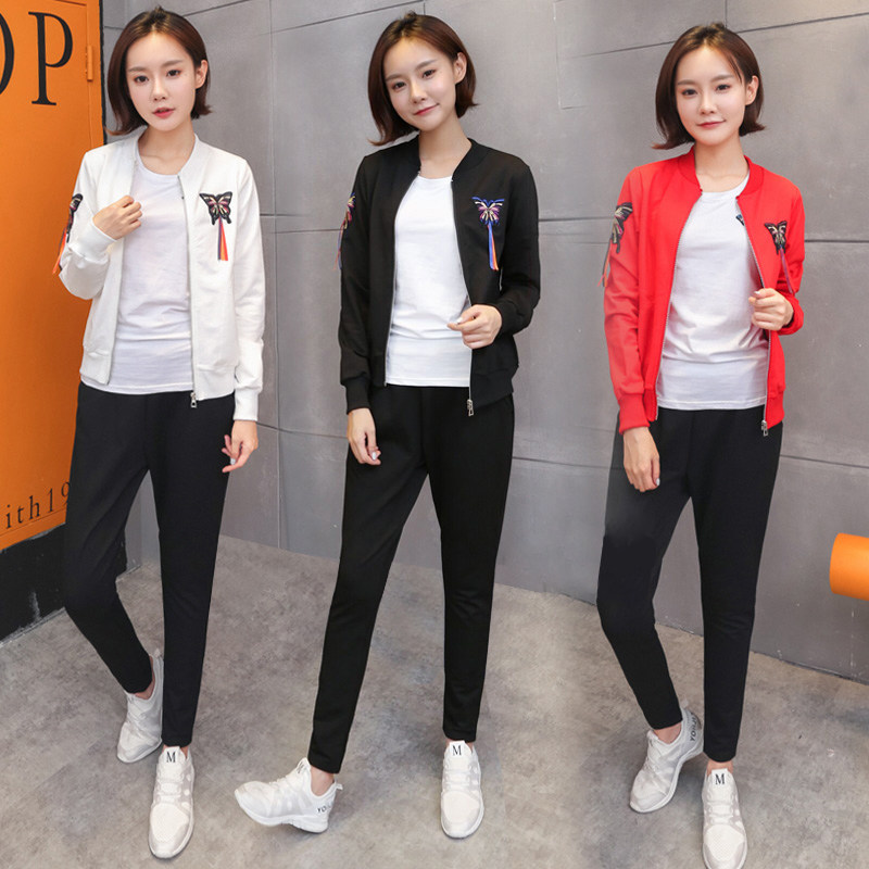 2018新款春秋季学生休闲运动服套装女时尚修身显瘦开衫卫衣三件套
