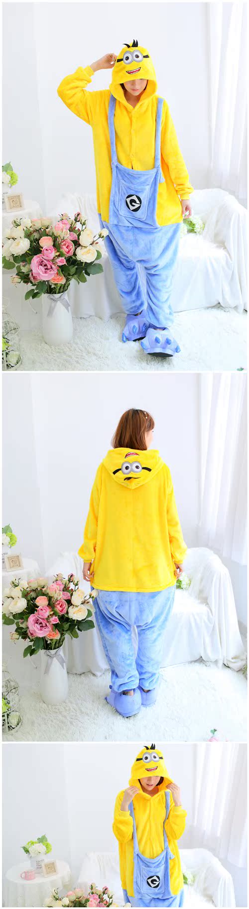 Mùa đông nóng phim hoạt hình động vật đồ ngủ một mảnh nhỏ màu vàng người lớn nam và nữ cặp vợ chồng kích thước lớn cộng với dịch vụ nhà nhung dày bộ bông ấp áp mùa đông nam nữ