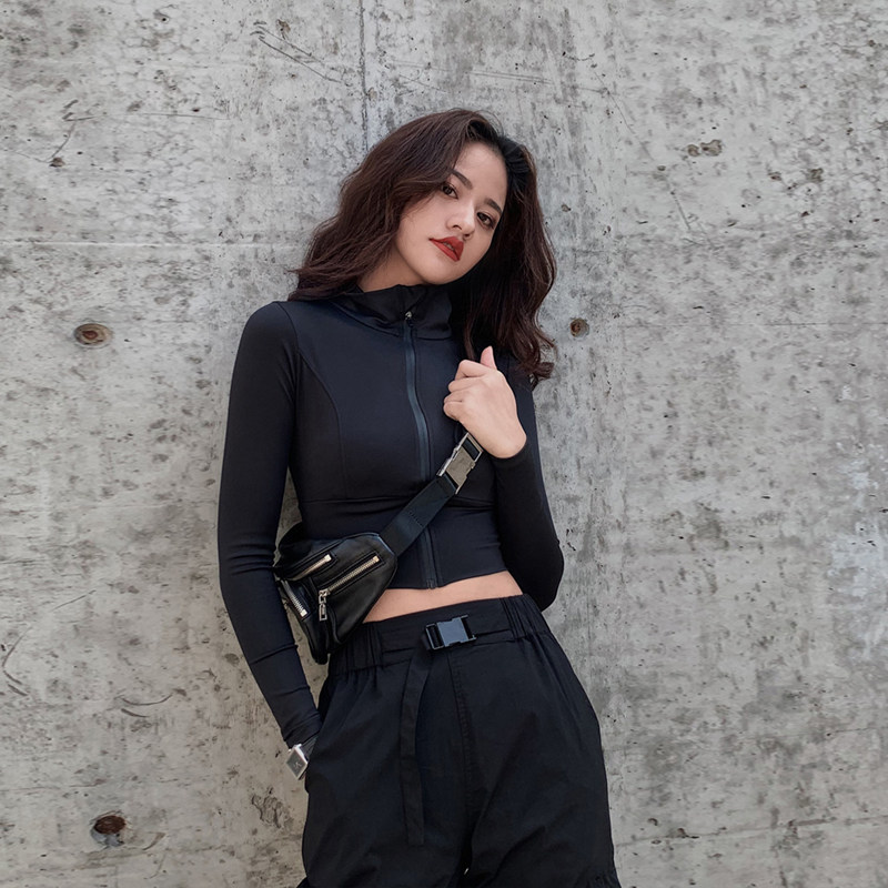 Black Universe Spring style overalls jacket female black tight long sleeves leaky waist thin 100 hitch hip hop sports blouses