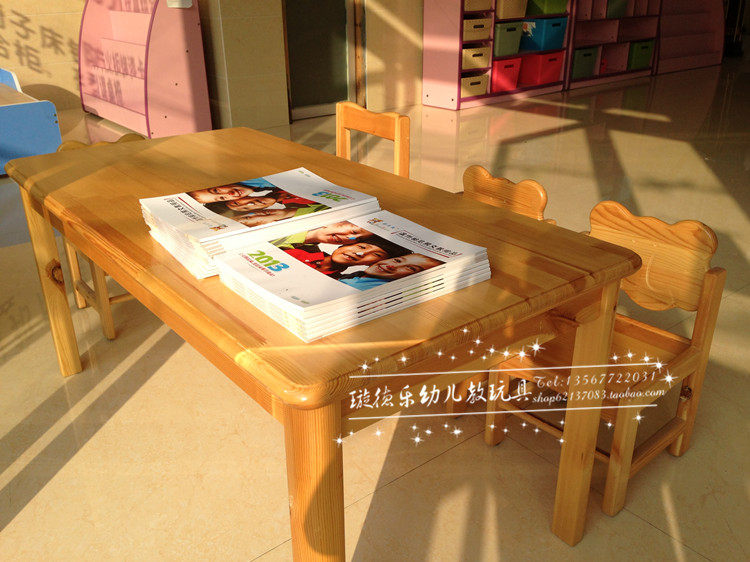 Kindergarten table and chairs 6 table logs Six tables Zhangzi pine wood table and chairs Children's class table and chairs Bunny Bear high-end