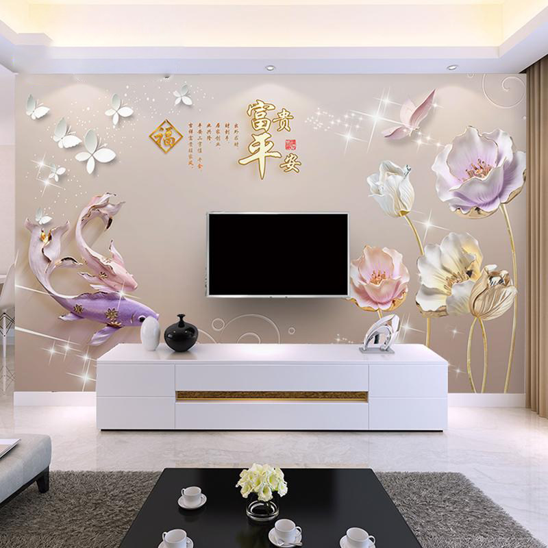 2023 New TV background wall European 3D minimal lotus wealthy wall cloth seamless dirty wall stick