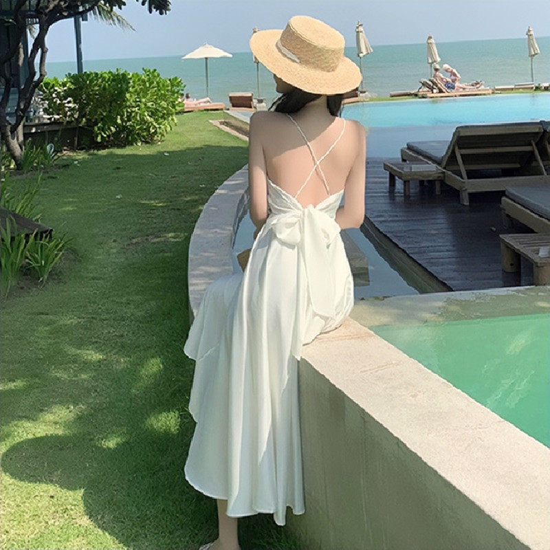 Seaside Holiday Ocean Dress With Hardy Back White Beach Skirt Fairies Fan 2022 Summer new tourist photo dress
