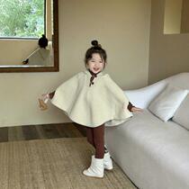 Girls autumn and winter sweater cape 2024 new Korean style baby girl fashionable loose hooded shawl knitted jacket trendy