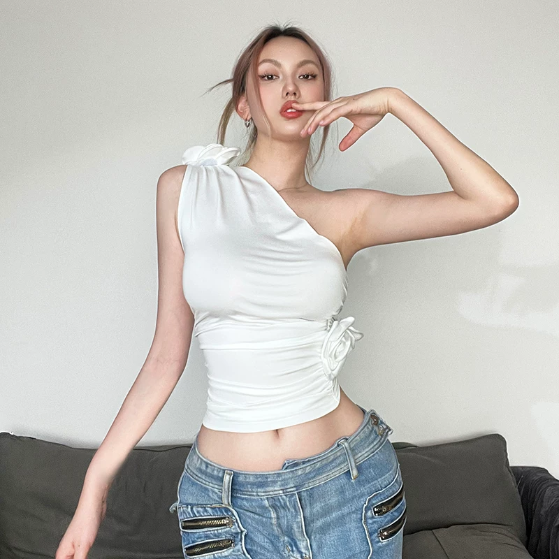 [#SISJULY#sexy three -dimensional rose embellishment oblique shoulder slimming wild sleeveless vest female tide]