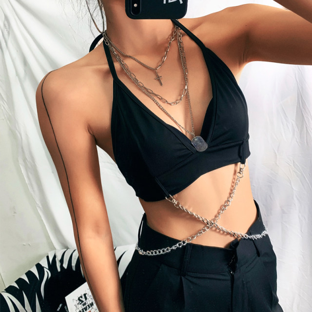 Sisjuly new product European and American style sexy V-neck halter neck small suspender female versatile navel chain personalized vest trend