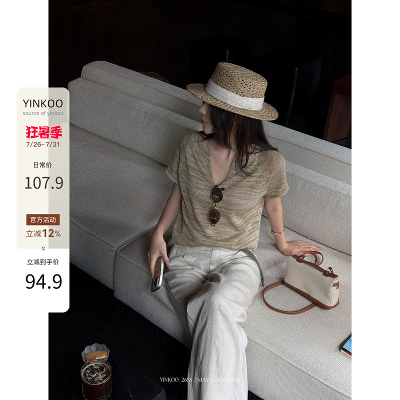 Yinkoo'Soft and Lazy t' 52-Count Linen Lyocell Commuting Korean Style Old Money ins Style Knitted Top