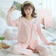 Phụ nữ mang thai Bộ đồ ngủ phụ nữ mùa xuân và mùa thu Bộ đồ dài tay cho con bú bằng vải cotton giam cầm Hàn Quốc kích thước lớn dễ thương có thể mặc