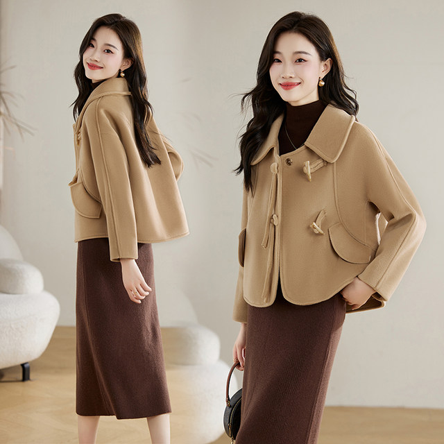 Xiaoxiangfeng ເສື້ອຍືດສັ້ນຂົນສັດສໍາລັບແມ່ຍິງໃນລະດູຫນາວ, ຂະຫນາດນ້ອຍ, ສູງ, temperament, ແອວ slimming, horn button woolen coat