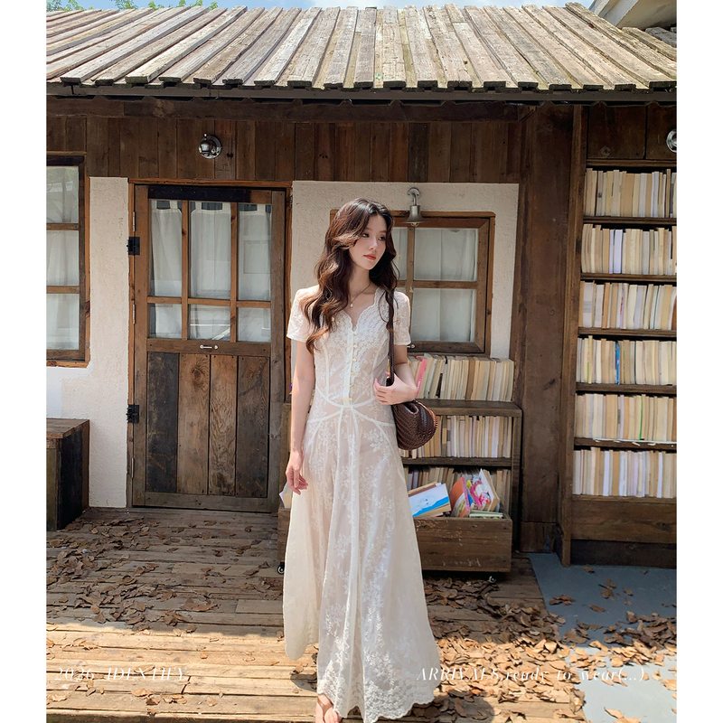 Identify French Elegant Lace Embroidery Design V-Neck Waist-Cinching Dress for Women, Summer Breathable Waist-Cinching Long Dress Identify French Elegant Lace Embroidery Design V-Neck Waist-Cinching Dress for Women, Summer Breathable Waist-Cinching Long Dress
