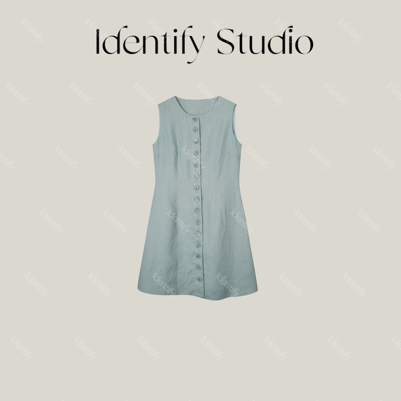 Identify French-Style Minimalist Button-Down Waist-Cinching Linen Dress for Women, Summer Light Blue Tank Dress Identify French-Style Minimalist Button-Down Waist-Cinching Linen Dress for Women, Summer Light Blue Tank Dress