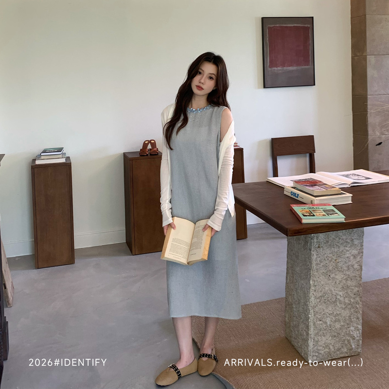 Identify French Sequin Round Neck Design Linen Sleeveless Dress for Women Summer Blue Loose Tank Dress Identify French Sequin Round Neck Design Linen Sleeveless Dress for Women Summer Blue Loose Tank Dress