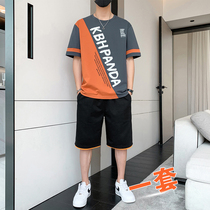 Pure cotton short-sleeved shorts suit mens thin summer loose youth sports handsome set of matching clothes