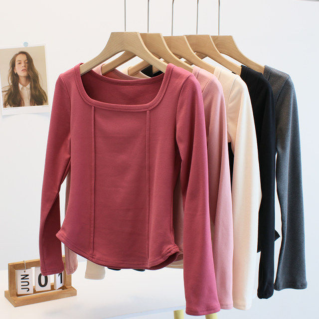 Spring new brushed German velvet long-sleeved square collar T-shirt women's splicing slimming thin arc solid color casual bottoming shirt