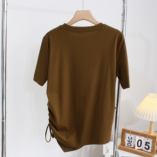 Irregular drawstring pleated T-shirt women's summer new loose casual all-match solid color careful machine short-sleeved solid color top