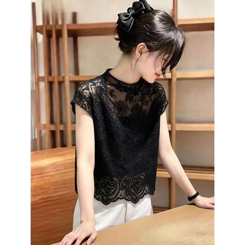 French-Style Black Lace Top for Women, New Summer Round Neck Hollow Design, Versatile, High-End, Elegant Short-Sleeved Shirt French-Style Black Lace Top for Women, New Summer Round Neck Hollow Design, Versatile, High-End, Elegant Short-Sleeved Shirt