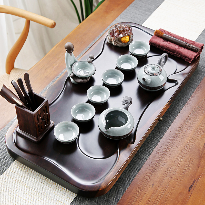 Purple sand ceramic kung fu tea set household tea cup simple office solid wood small tea tray ebony tea table set