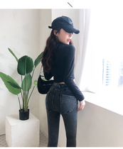 3D new elastic denim Hip Pants Woman outside wearing high waist to close up slim fit 90% small foot pants autumn and winter thin