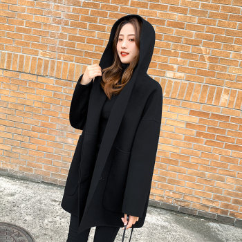 Black hooded double-sided cashmere coat for women mid-length