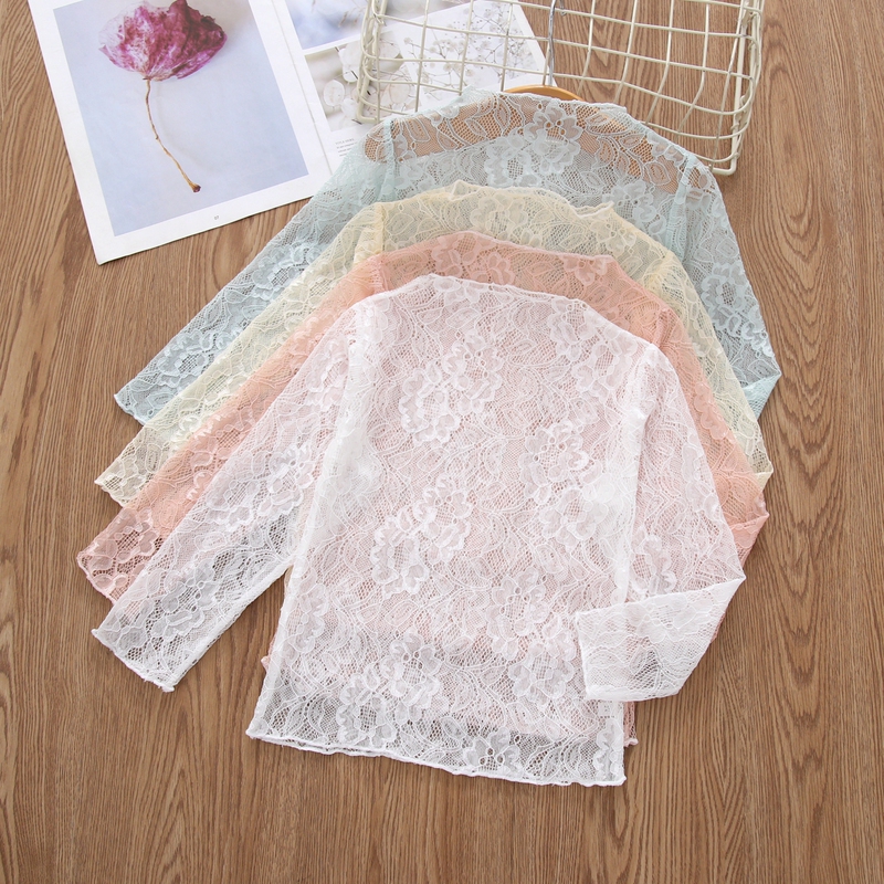 Girls' Lace Bottoming Shirt, Kidsren's Spring & Fall New Long-Sleeved Inner Wear, Sweet Mesh Cut Out Pure Color Top for Baby Girls Girls' Lace Bottoming Shirt, Kidsren's Spring & Fall New Long-Sleeved Inner Wear, Sweet Mesh Cut Out Pure Color Top for Baby Girls