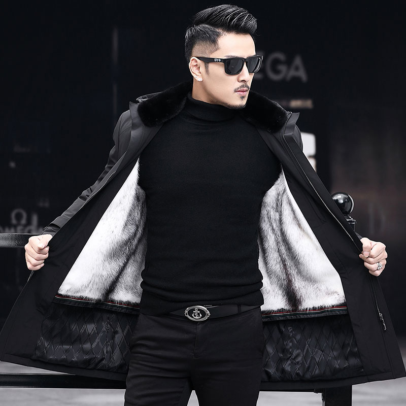 cross mink mink padded overalls men's hooded mid length mink coat fur coat nick coat winter