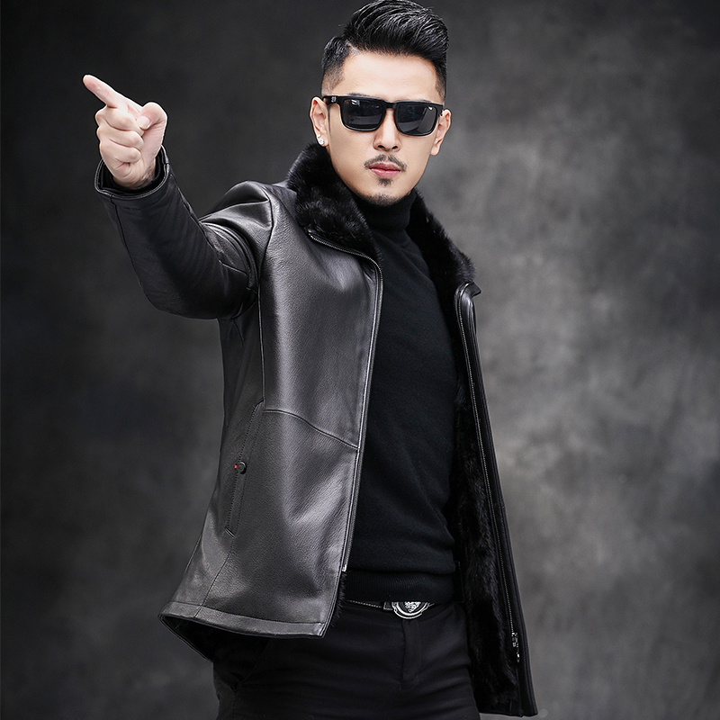 Henning mink fur coat men's mountain goat leather water minke leather grass whole mink liner fur integrated with long version genuine leather fur coat tide