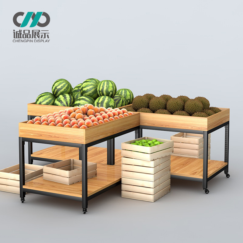 Steel-wood belt wheel promotion table Whole grain display cabinet Dried fruit shelf Bulk container wooden rice pile head promotion car