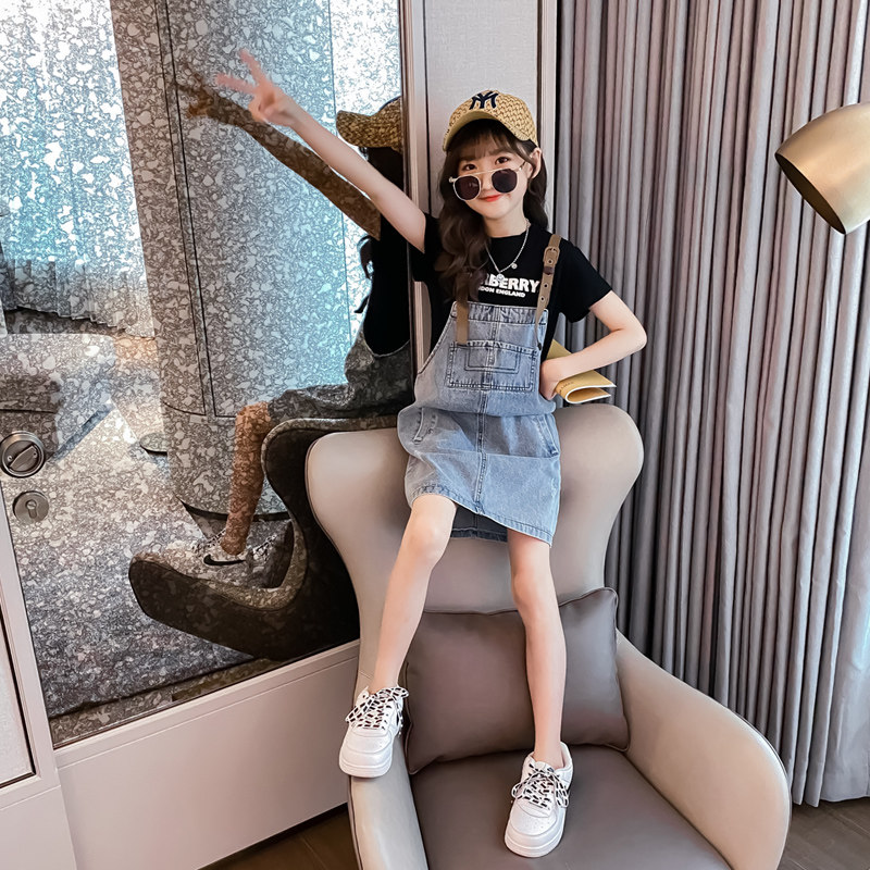Girl Cowboy Cuddling Bag Skirt Summer Dress Suit 2022 New Foreign Korean Version Trendy Children Summer Great Children's Dress